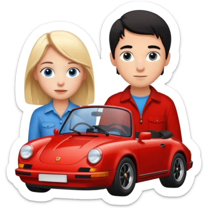 crea un emoji que sea una pareja, una chica rubia con pecas en la cara & los ojos azules & un chico con el pelo negro lindo con ojos cafés que haya un porsche rojo  sticker