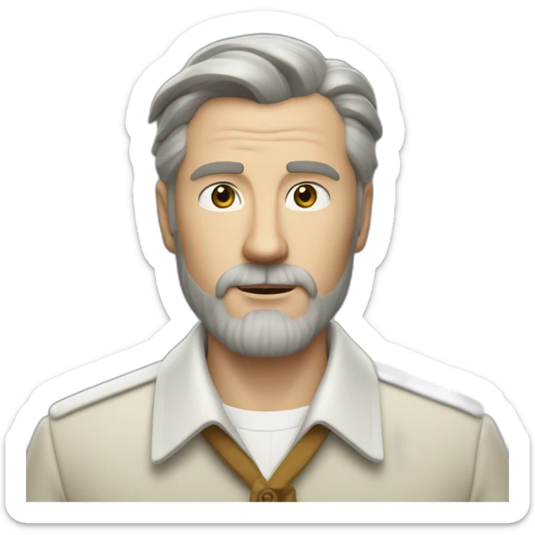 wes anderson character of man with short quiff and beard brown and grey hair, white shirt with top-button buttoned sticker