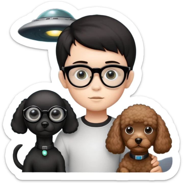 A little boy with straight black medium-length hair, white skin, and black eyes wearing black-framed glasses is taking photos in a UFO with a camera. Beside him, there is an alien and a brown round-headed poodle. sticker