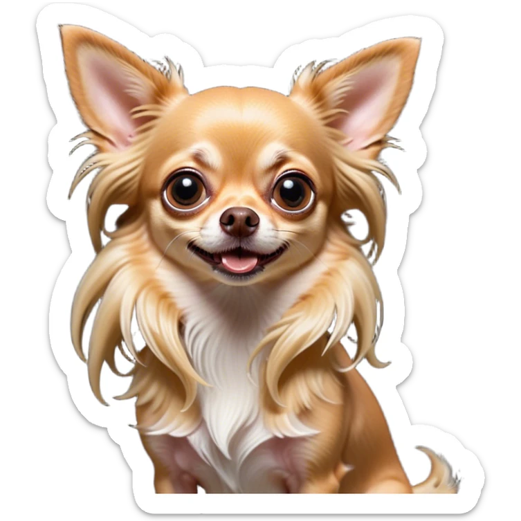 Cinematic Comical Long Haired Fawn Chihuahua Portrait Emoji, Head tilted dramatically with an exaggeratedly shocked or offended expression, long, silky fawn hair flowing with a vibrant sheen, wide, expressive dark eyes filled with exaggerated disbelief, Simplified yet hilariously expressive features, highly detailed, glowing with a slightly sassy glow, high shine, dramatic yet playful, stylized with an air of attitude, bright and endearing, soft glowing outline, capturing the essence of a sassy and over-the-top companion, so meme-worthy it feels like it could side-eye its way into internet fame instantly! sticker