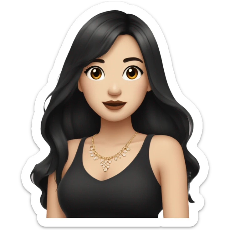asian girl with long black hair with brown eyes plump lips with long eyelashes in a black top and jewelry on her neck with light makeup on her face in light colors sticker