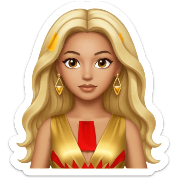 Beyonce hazel eyes, platinum blonde long hair, gold dress with earrings sticker