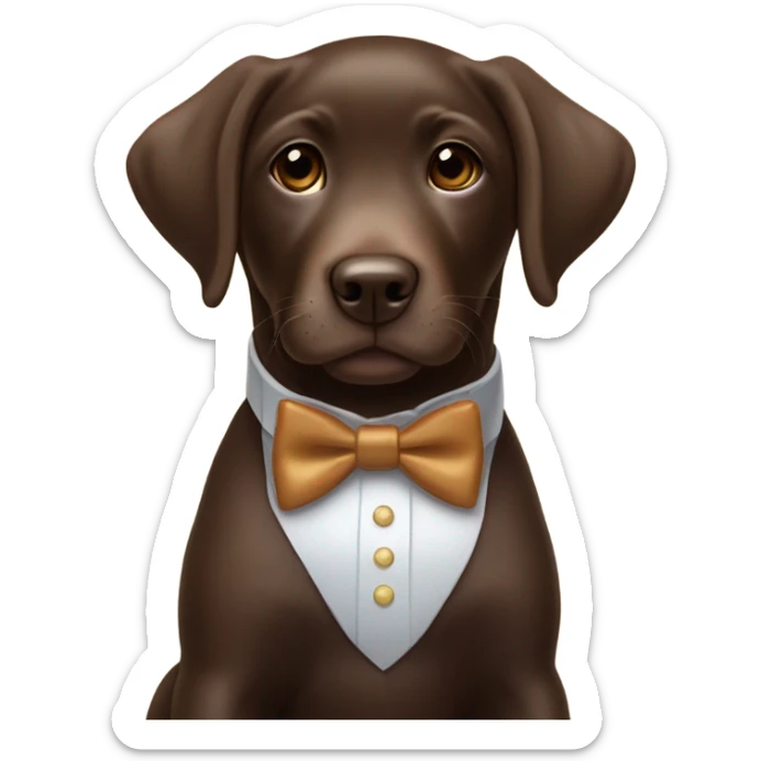 Chocolate labrador cute puppy with small white patch of fur on chest and rich topaz bow tie  sticker