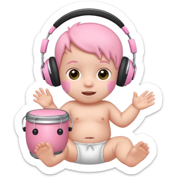 a cute baby in a white diaper and headphones playing a baby pink bongo sticker