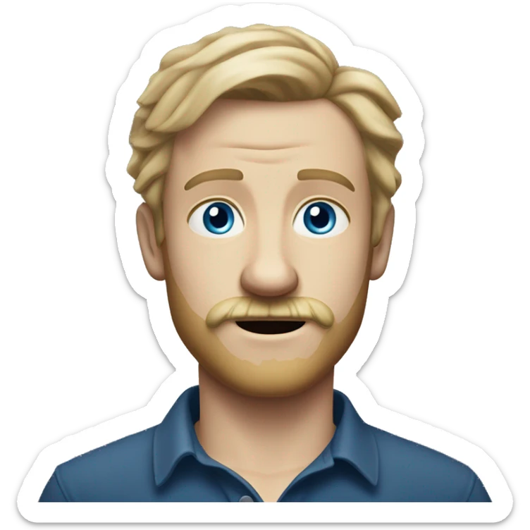 white man with dirty blond hair light beard with mustache little piece of hair that bends over middle part, British expressions, spooky blue eyes sticker