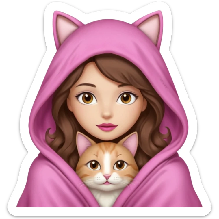 girl with long wavy brown hair, brown eyes, long lashes makeup, sexy pink lips, light to medium complexion, wearing a pink sexy silk top, big blanket over the head cozy holding a cat, no cat ears on the hood sticker