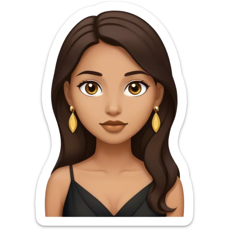 Beautiful woman,cute, long dark brown hair in dark dress with gold earrings sticker