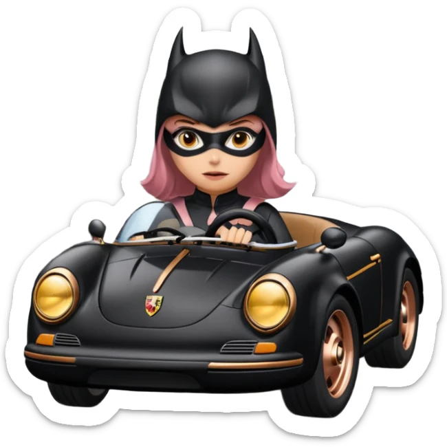 BatGirl driving her satin-black and rose gold 56 Porsche spider too fast in the country despite the rainy conditions making the tires slippery sliding sideways  sticker