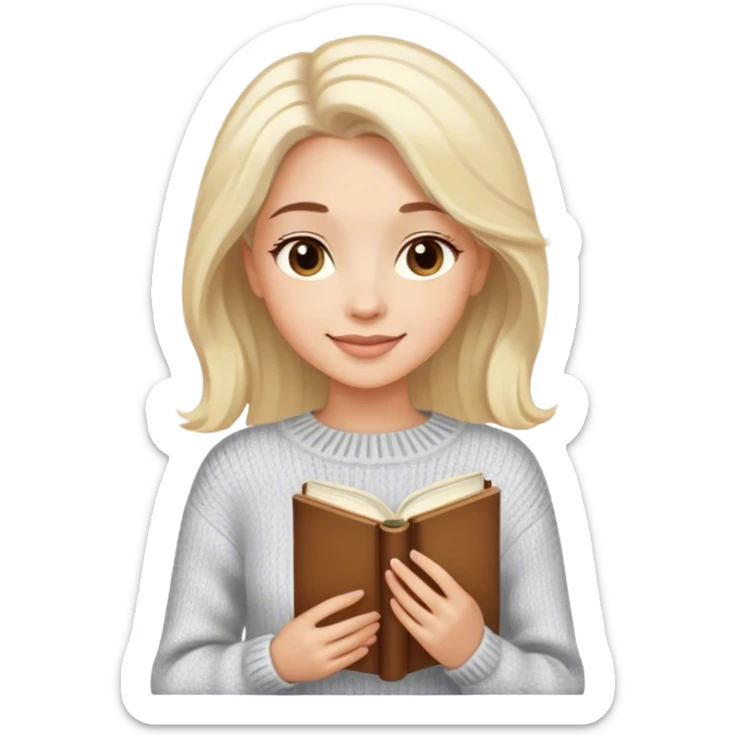 a woman in a luxurious warm sweater with a slight smile and light-colored hair. She is enjoying life while holding a book. sticker