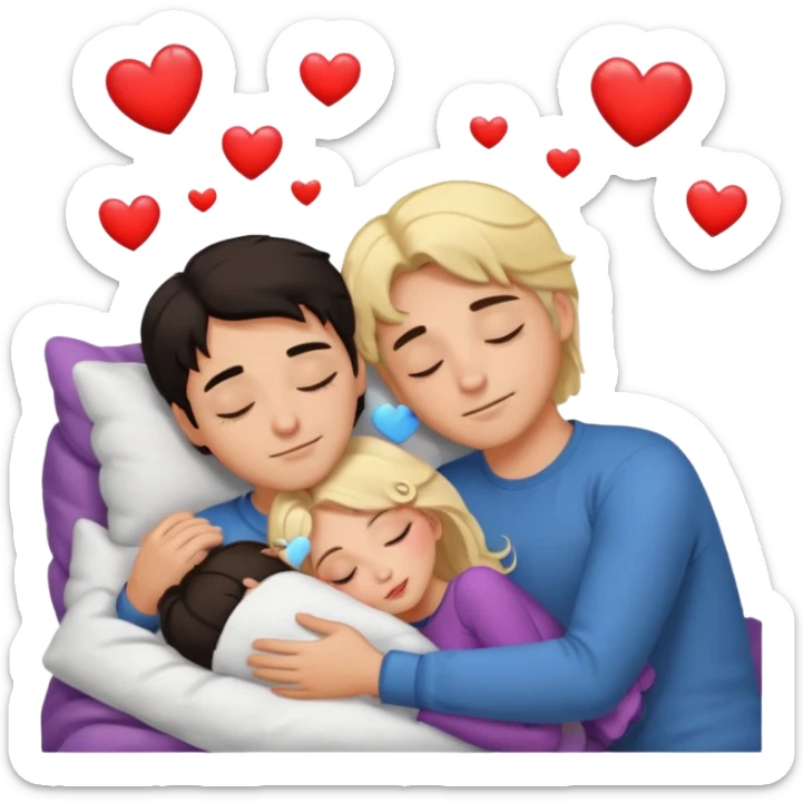 Sleeping romance couple. man has dark hair. woman is blonde. hearts around them. sticker