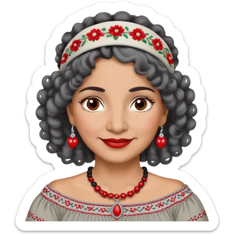 Latina woman, about 55 years old, slightly darker warm brown skin, round soft face, curly black and gray hair, red and white headband, medium eyes, thin eyebrows, gentle smile, gray peasant blouse with embroidery, bare shoulders, large dark necklace sticker