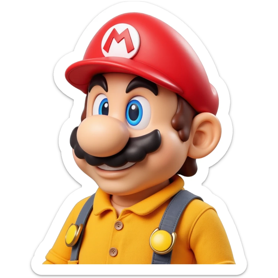 a worker in factoryA 3D-rendered head of a character inspired by Super Mario, facing slightly from front-left to right. The head should include his signature red cap with an ‘M’, large round nose, thick mustach sticker