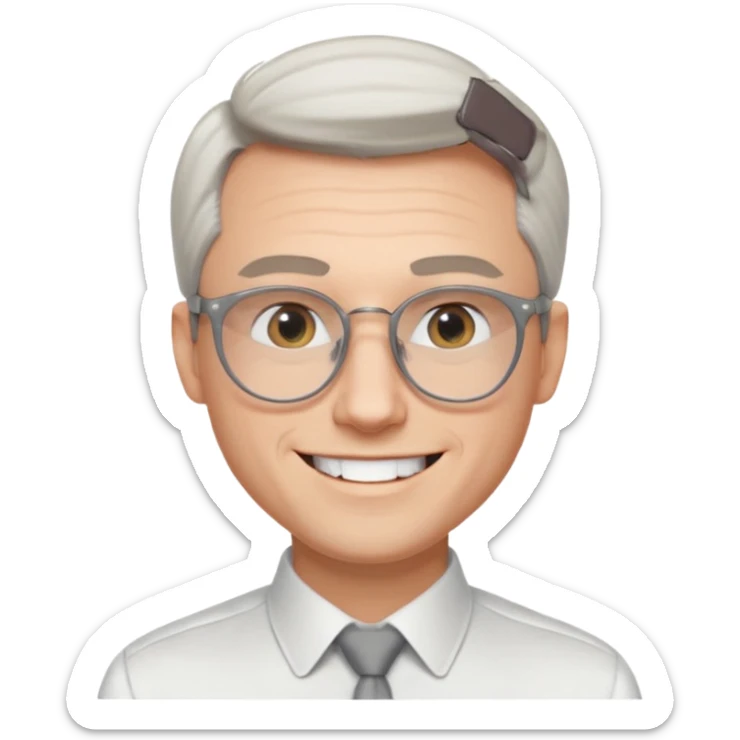 30 yr old pale white man, white/grey side swept stylish hair, round glasses, big smile, white teeth, handsome, longer hair, thin glasses, white dress shirt, smooth forehead, botox, no tie, open collar sticker