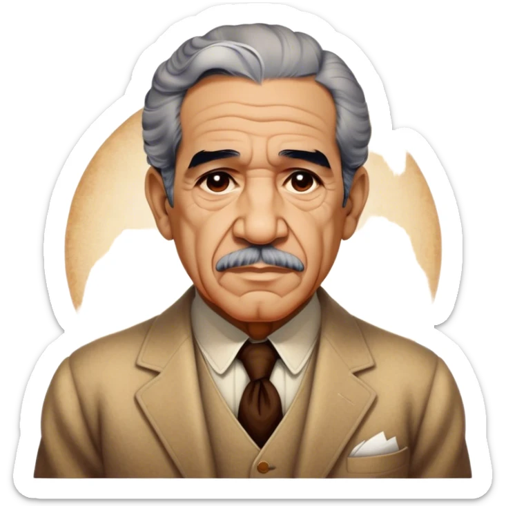 Cinematic Realistic Gabriel García Márquez Portrait Emoji, depicted as a visionary writer with a contemplative gaze in period attire, rendered with rich textures and warm literary lighting that captures his magical realism legacy. sticker