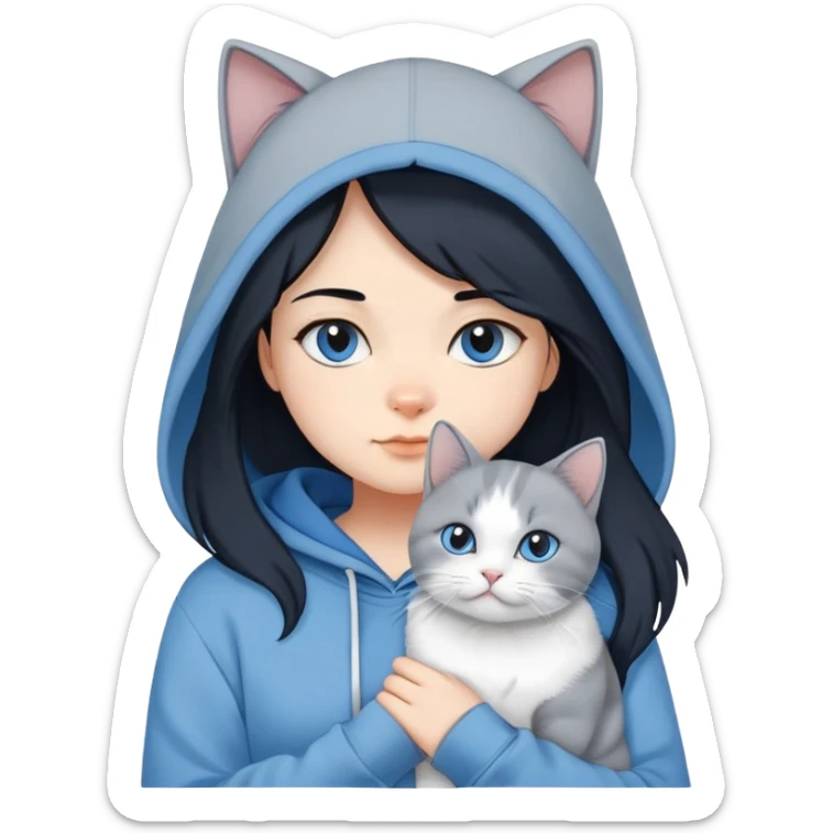 Girl with black hair in gray hoodie with a British shorthair blue and white cat and a long-haired blue and white cat sticker