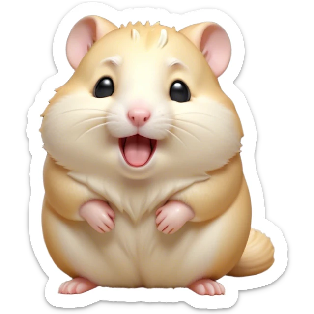 Cinematic Cute Yawning Cream Hamster Portrait Emoji, Head tilted slightly with a dramatic, wide-open yawn, showcasing a soft, pristine cream coat with tiny droopy ears, round dark eyes barely open in drowsy contentment, Simplified yet irresistibly adorable features, highly detailed, glowing with a soft, cozy glow, high shine, relaxed yet expressive, stylized with a touch of whimsy, bright and endearing, soft glowing outline, capturing the essence of a sleepy yet affectionate hamster, so drowsy it feels like it could stretch out of the screen and curl up for a nap! sticker