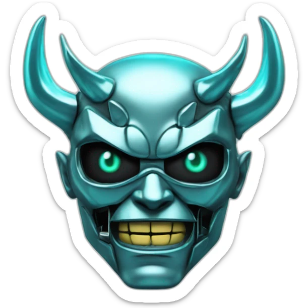 chrome demon with aquamarine lazer eyes and letter B on the face, 3d, portrait, black background sticker
