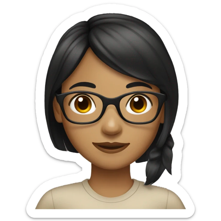 tan skin girl. black hair with bangs, ponytail hairstyle. wearing glasses.  sticker