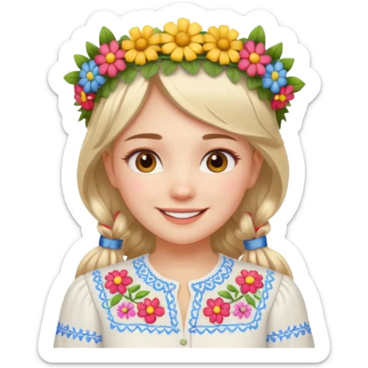 Ukrainian girl in a white embroidered shirt with a flower crown on her head sticker