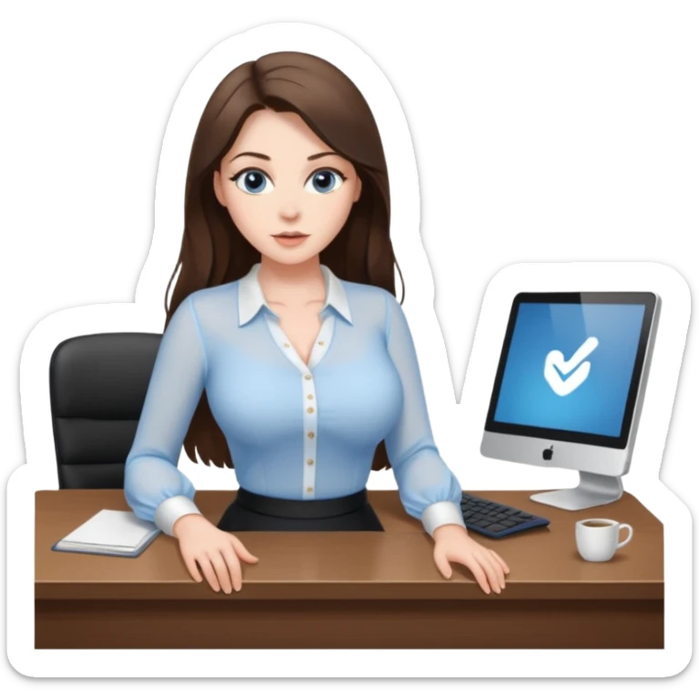 sexy woman brunette, very large breasts, pale skin, blue eyes, long brown hair, tight white blouse, short black skirt. at desk sticker