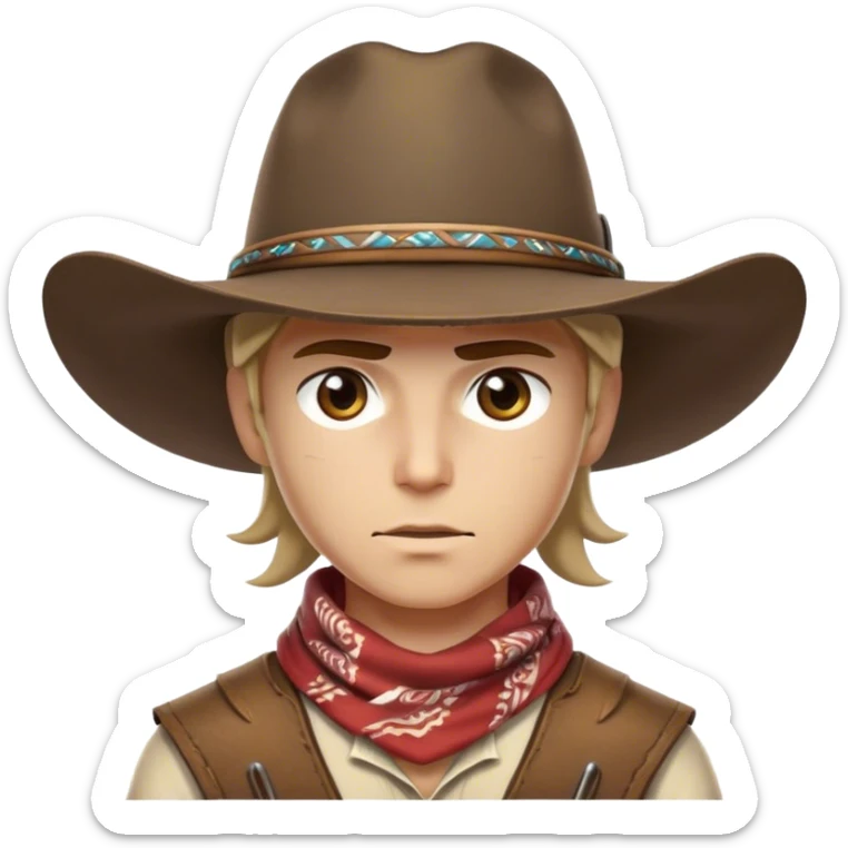 Clash of Clans aesthetic friendly Cowboy Portrait Emoji, With a rugged yet stylized build wearing a classic wide-brimmed hat and bandana, his face rendered in a natural skin tone (not yellow), determined eyes and a steely gaze, Simplified yet dynamic features, highly detailed, glowing with a warm, sunlit frontier radiance, high shine, brave and spirited, stylized with an air of Wild West heroism, focused and ready, soft glowing outline, capturing the essence of a fearless cowboy adventurer ready to ride into epic quests! sticker