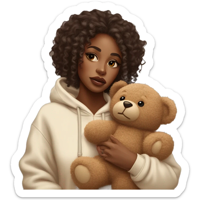 Beautiful black woman with long waste length curly hair with brown highlights, in a cozy sweatsuit in cream color and she is holding a teddy bear in brown, girl wearing makeup long lashes thick glossy lips she is crying  sticker