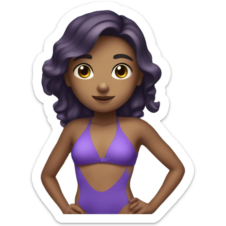 A girl in a swimsuit is standing by the pool with dark hair and brown eyes, her swimsuit is purple, she is a swimmer sticker