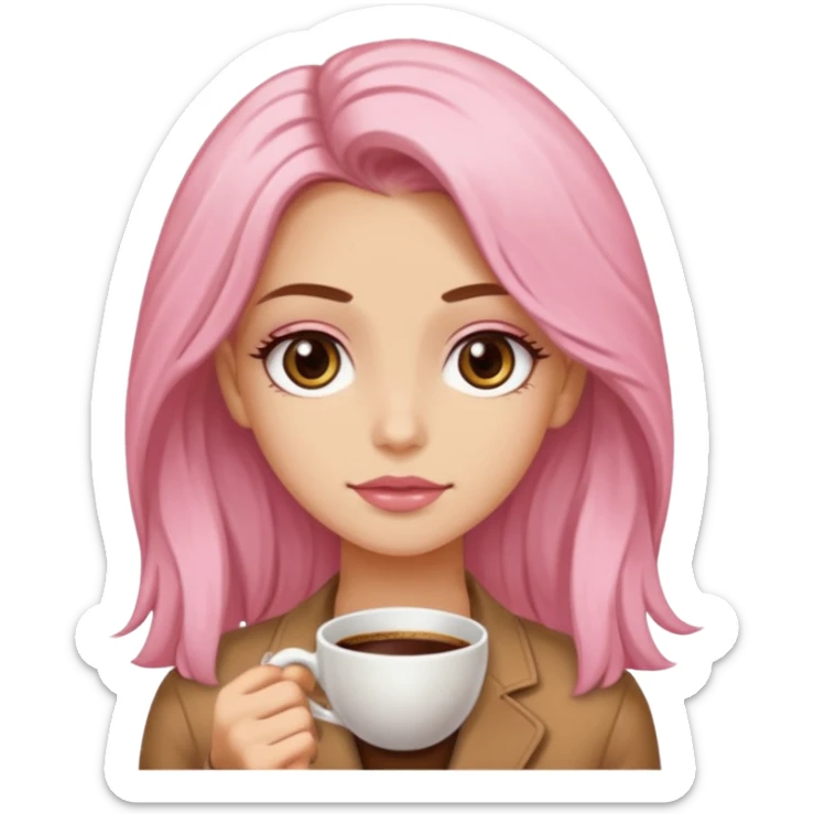 Crea una chica güerita con pelo largo café claro y raíces güeras, ojos rasgados cafés oscuros, suéter o camisa rosa claro sticker