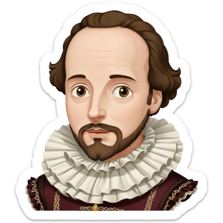 Cinematic Realistic portrait of William Shakespeare, depicted as an iconic playwright in richly detailed Elizabethan attire with a ruffled collar, expressive eyes, and a thoughtful gaze, bathed in dramatic historical lighting that evokes the Bard’s timeless legacy sticker