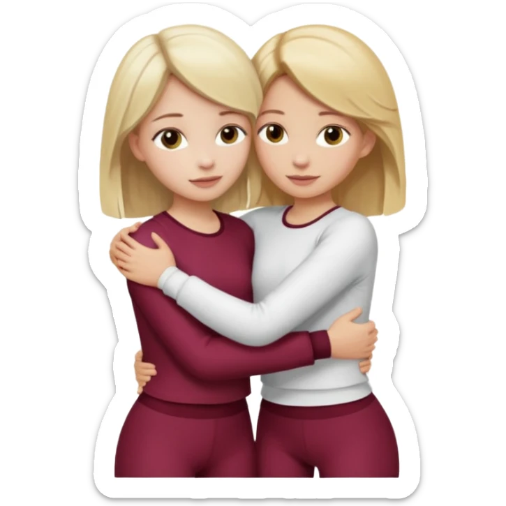 two girls who hug eachother. one has medium blonde hair with blonde highlights and very pale skin , other has medium skintone and blush and blonde hair. girl with medium blonde hair is wearing a white outfit and girl with blonde hair is wearing a burgundy outfit sticker