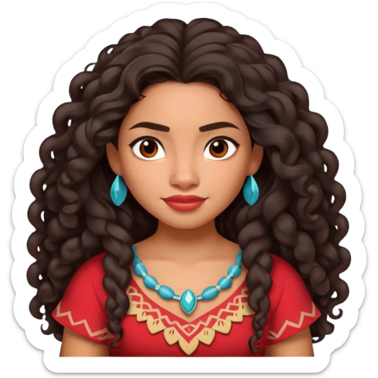 Moana character with long curly dark hair, wearing a red top, Polynesian princess sticker