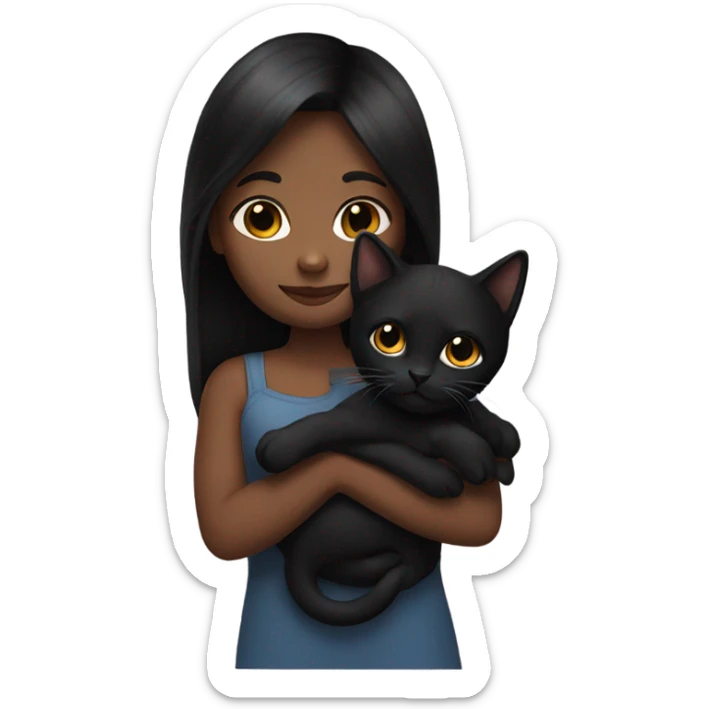Girl holding black kitty. The girl has dark long hair and dark skin sticker
