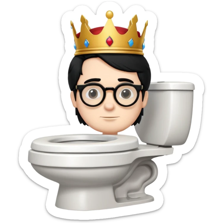 King Charles III with royal crown sitting on a toilet, wearing round glasses and black hair sticker