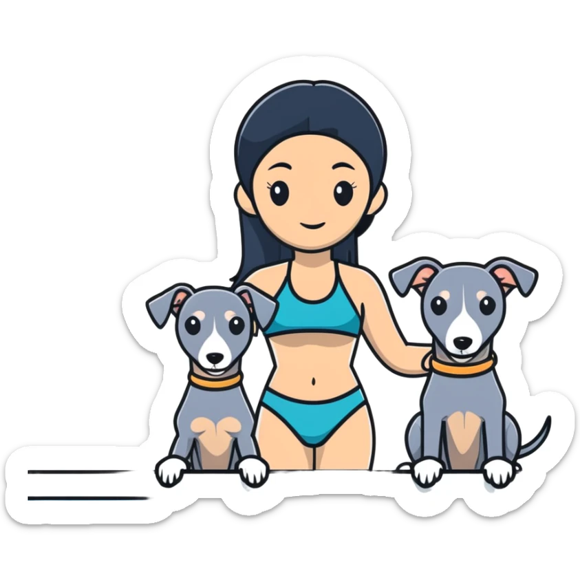 Very thin and slim Chinese woman with long black hair in pool attire at an indoor swimming pool with her Italian greyhound that is COMPLETELY solid dark grey with ABSOLUTELY ZERO white markings anywhere - 100% uniform dark grey color only sticker