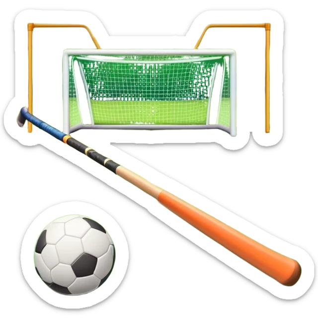 A field hockey stick and ball on a vibrant green grass field, with goalposts and clear field markings in the background. The scene emphasizes the bright, lush grass, highlighting the fast-paced and strategic nature of hockey on a well-maintained pitch. sticker