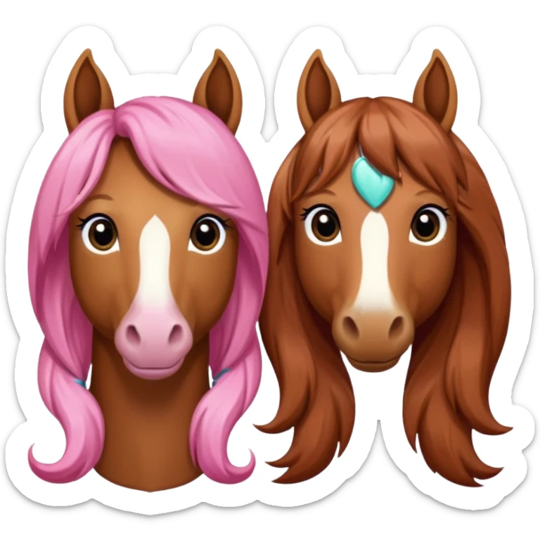 i want you to make a brown horse and a chestnut horse looking like best friends and having a pink bow on their maine next to ther ear sticker