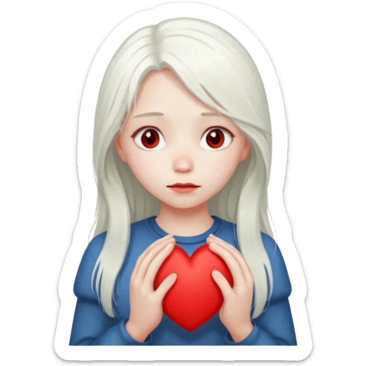 A girl with long white hair is sad and holds a red heart in her hands sticker