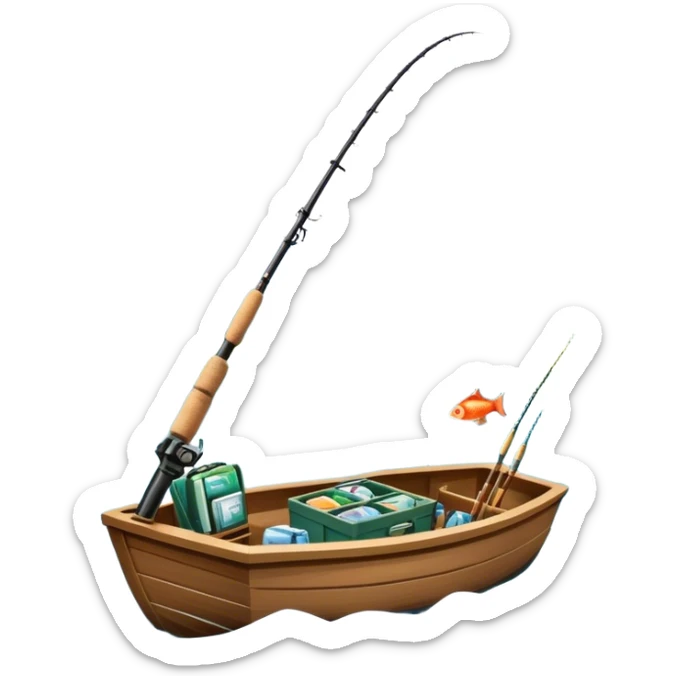 Icon for Fishing Travel: a boat on a calm lake surrounded by mountains and lush greenery, with fish jumping out of the water, a fishing rod, tackle box. The icon should capture the peaceful and adventurous nature of fishing trips. Transparent background. sticker