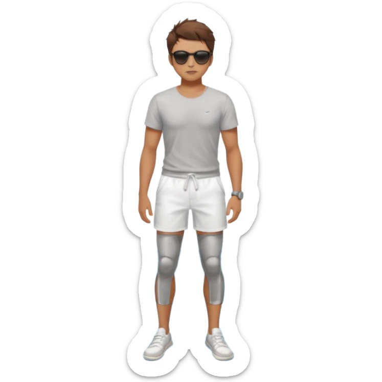 Handsome. Male. Short brown hair. Messy hairstyles. Sunglasses. Sexy pose. Full body. Wearing shorts. White tekkies. At the pool sticker