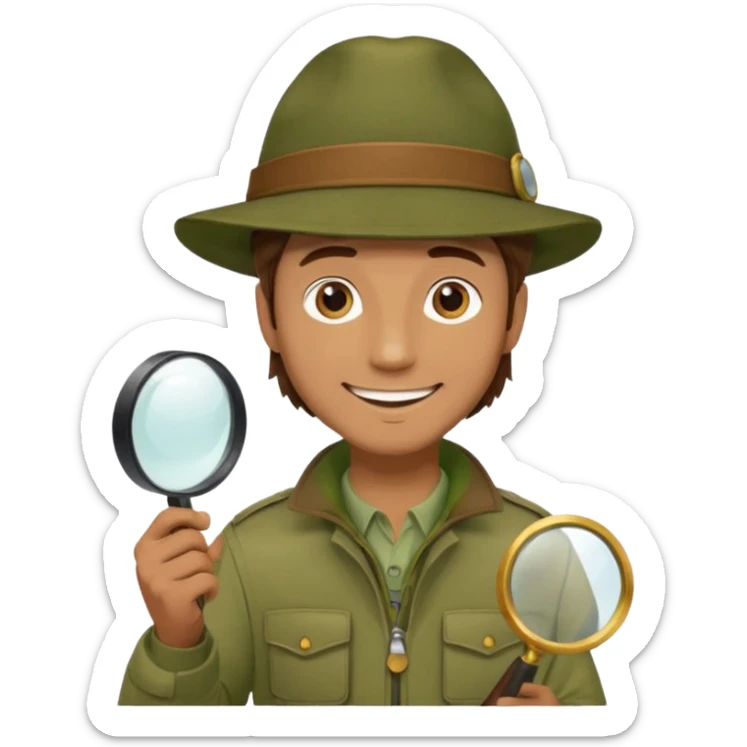  man with brown hair in beige moss green explorer outfit, hat, holding magnifying glass, smile sticker