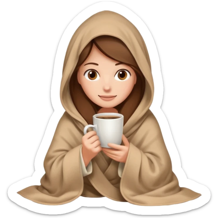 brown hair woman sitting under beige blanket, with a blanket over his head, holding cup of coffe sticker