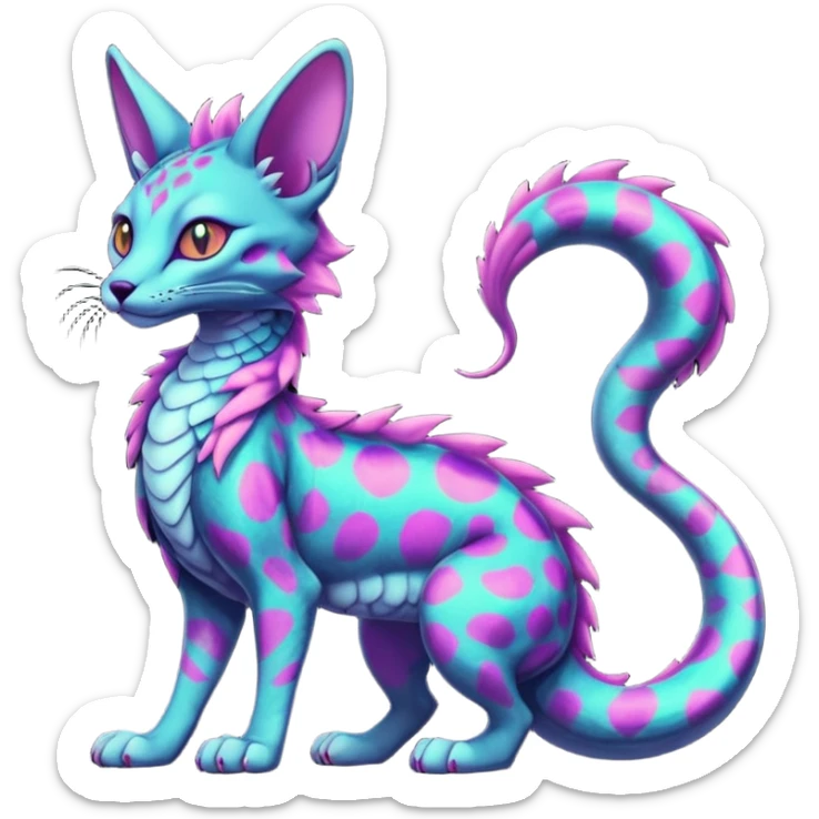 Flurry furry colorful dark edgy neon-glowing-patterns on gloomy dusky scaly sergal-serval-possum-sphynx-Koi-sergal-fusion-animal-hybrid-creature with a snake-tail sticker