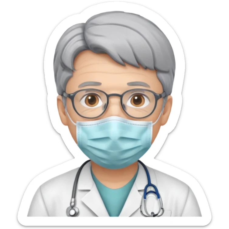 This is a cartoon-style avatar of a doctor with gray hair, wearing a face mask sticker