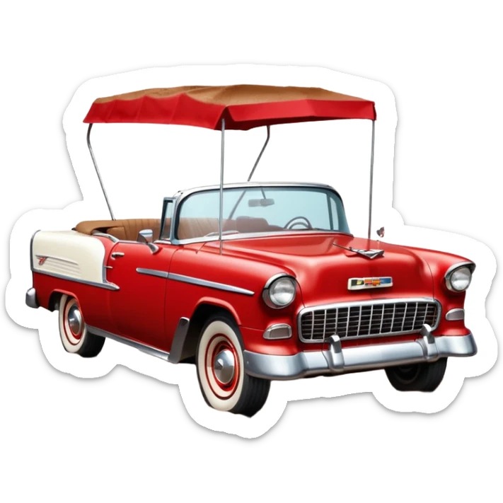 1955 Chevrolet Bel Air Convertible, Red-White color, with a bucket of brown mud pouring down on it, and the car itself is covered in brown dirt on the sides, which is stuck and clearly visible from all sides of the body. 32x32 pixels, aspect ratio: 1:1 sticker
