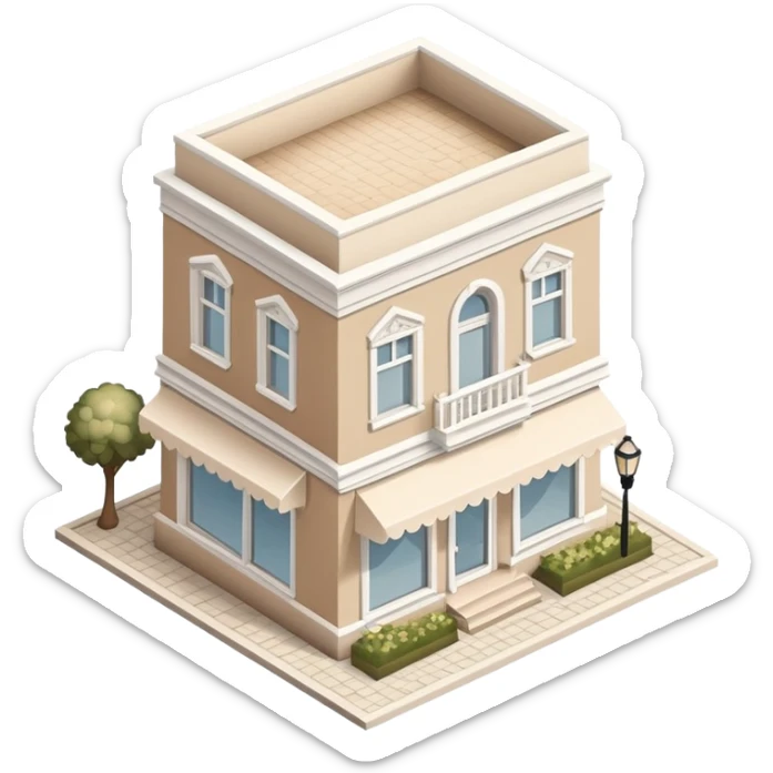 Isometric exterior little beige and white bridal gown boutique dollhouse style 3D realistic  sticker