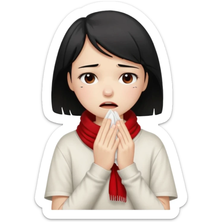 a pretty bratz fair girl crying in a loose oversized off white tshirt and red scarf with short black hair with a tissues in hand sticker