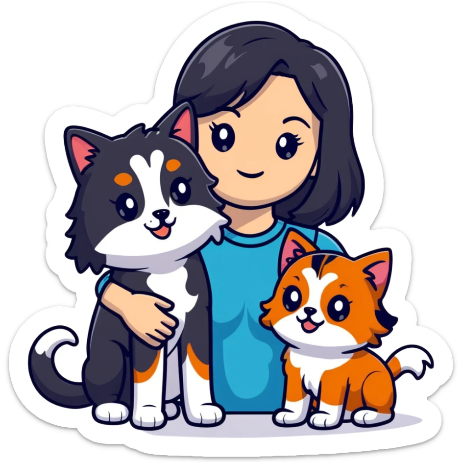 woman with long black hair holding an American Shorthair cat and a Cavalier King Charles Spaniel dog sticker