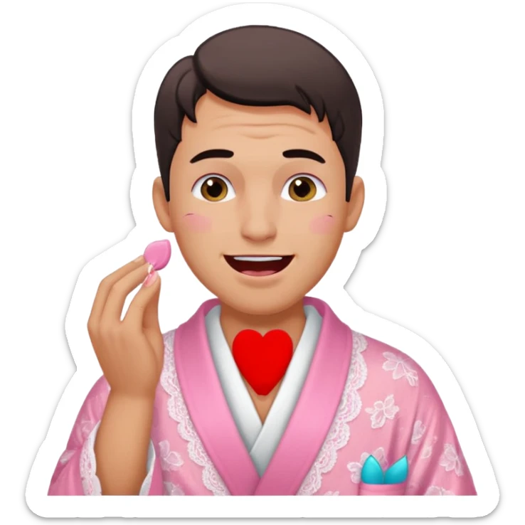 male getting sissified in lingerie by his smug wife. the wife is crying with laughter. she is doing the males makeup sticker