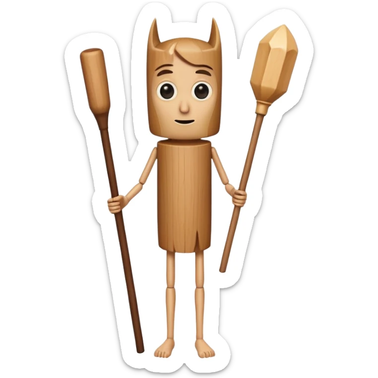 a tall, cylindrical, wooden-like figure with a human-like face, large eyes, and a slight smile. It has small, thin arms and human legs. It appears to be holding a long, wooden stick or bat.
 sticker