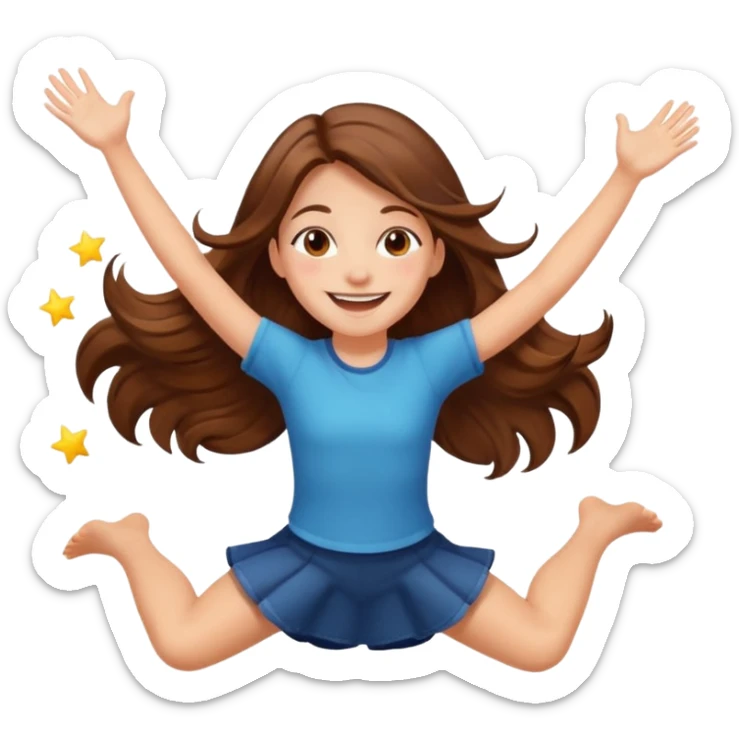 Girl with long brown hair happy jumping in the air with sunbeams in the background  sticker